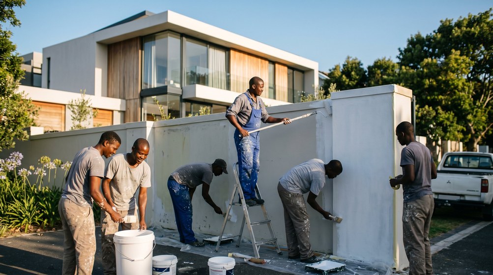 Professional team painting a boundary wall at a modern home in Franschhoek