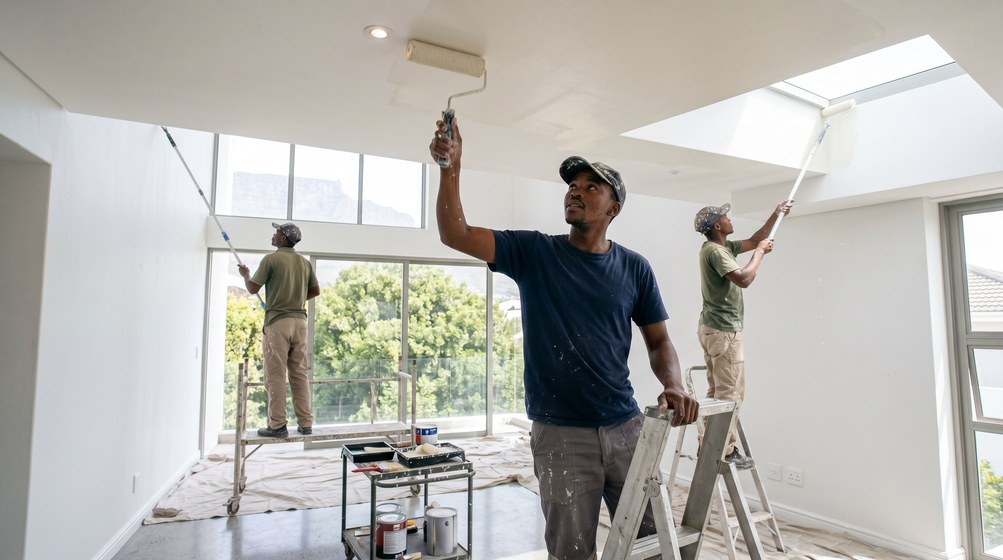 Professional ceiling painters rolling white paint onto a high ceiling in Franschhoek