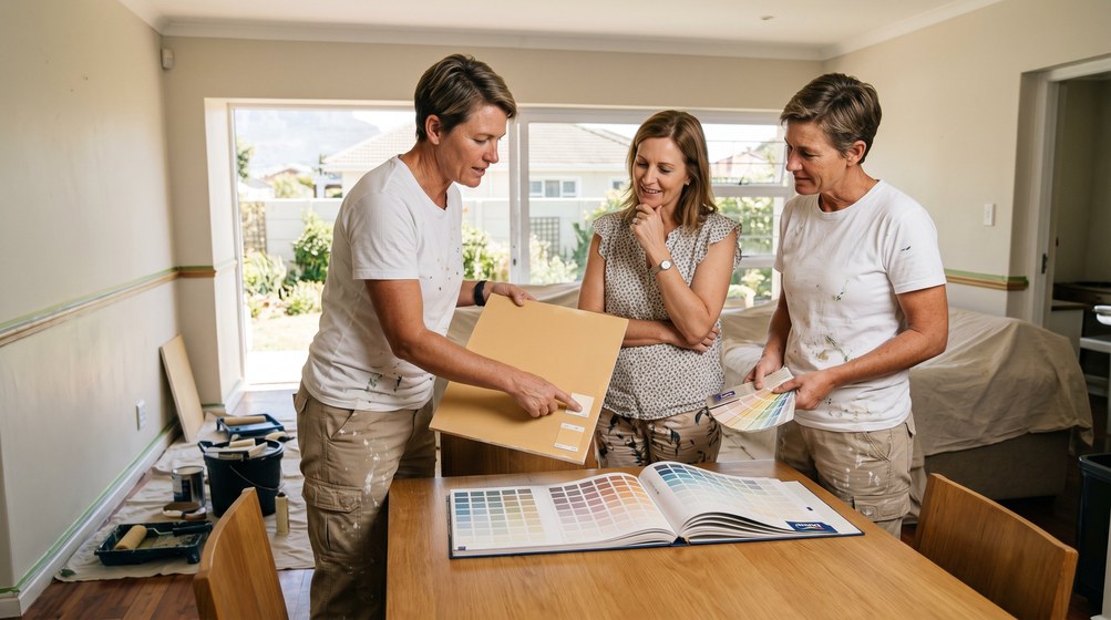 Professional colour consultant showing paint swatches to a homeowner in Franschhoek