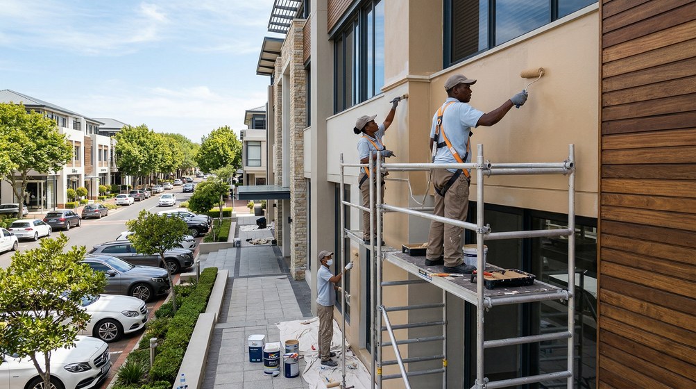 Professional commercial painters on scaffolding painting a building on the Cape Winelands
