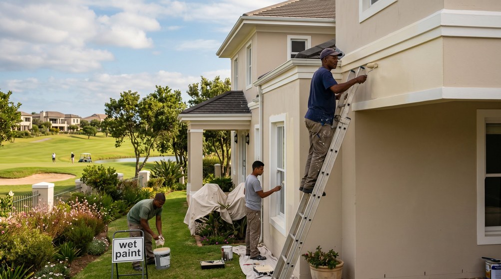 Professional estate painters painting a luxury golf estate home on the Cape Winelands