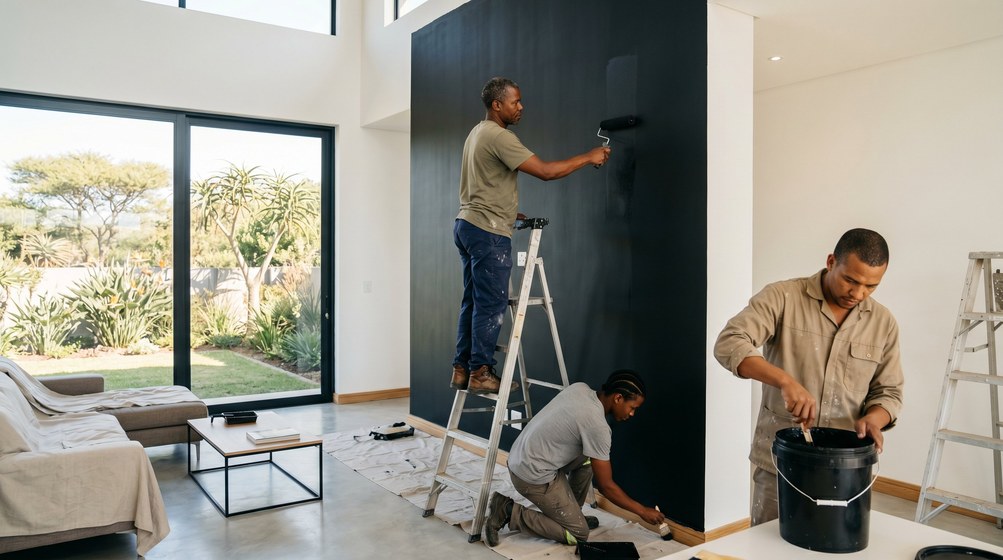 Professional painters creating a bold black feature wall in a modern Franschhoek home