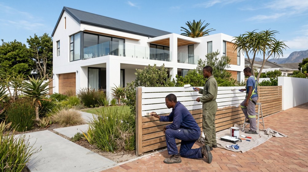 Professional fence painters painting a wooden fence at a coastal home in Franschhoek