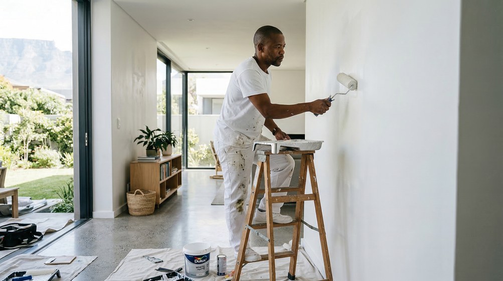 Professional interior painter in Franschhoek painting walls with a roller