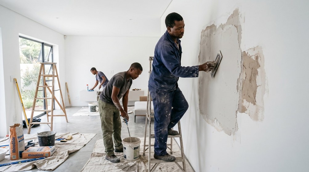 Professional plaster repair team skim coating damaged walls in Franschhoek
