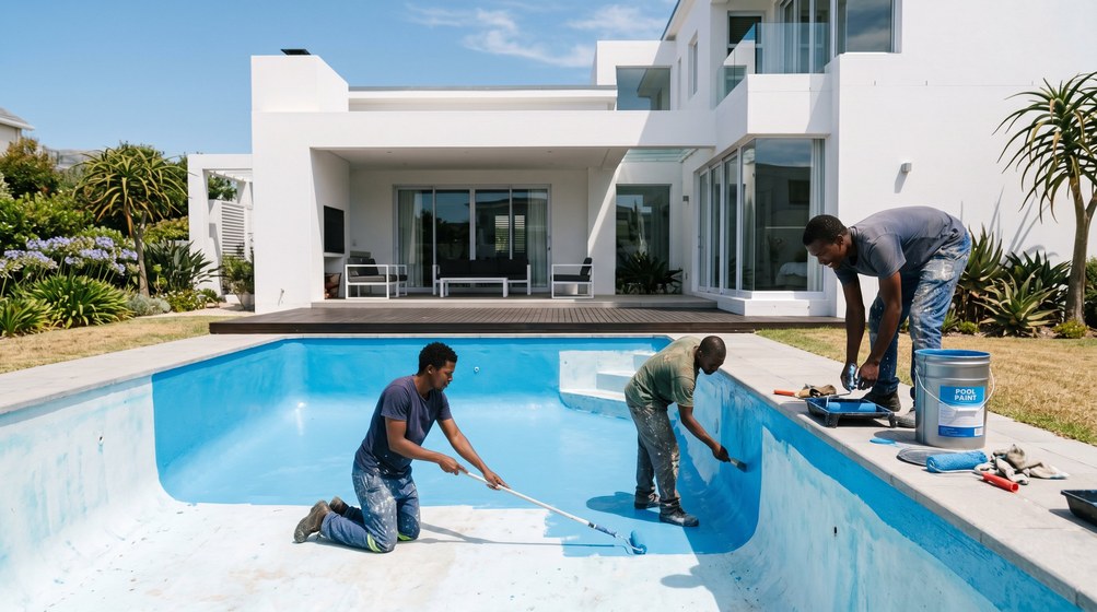 Professional pool painters applying blue pool paint to a swimming pool in Franschhoek