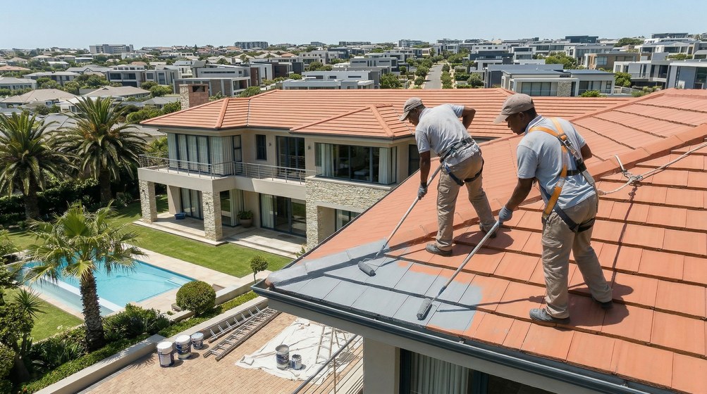 Professional roof painters applying waterproof coating to tiled roof in Franschhoek