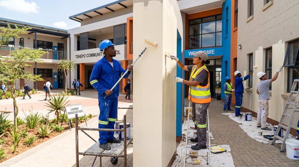 Professional school painting team painting a community school on the Cape Winelands