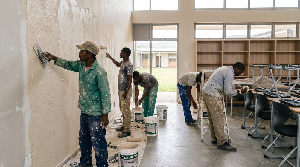 Professional texture coating team applying Texturcoat to interior walls in Franschhoek