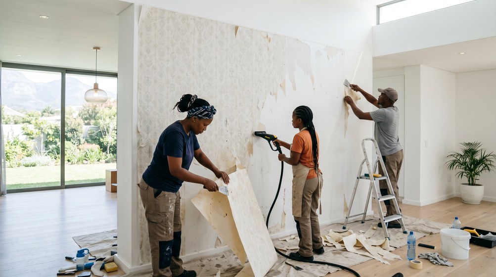 Professional wallpaper removal team stripping old wallpaper in a Franschhoek home