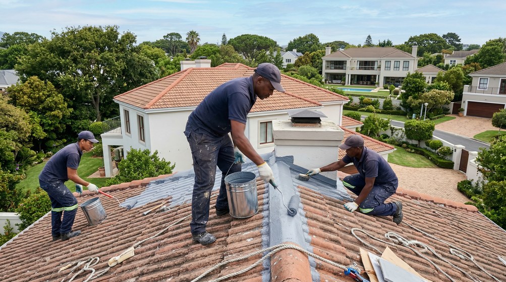 Professional waterproofing team applying membrane to roof in Franschhoek