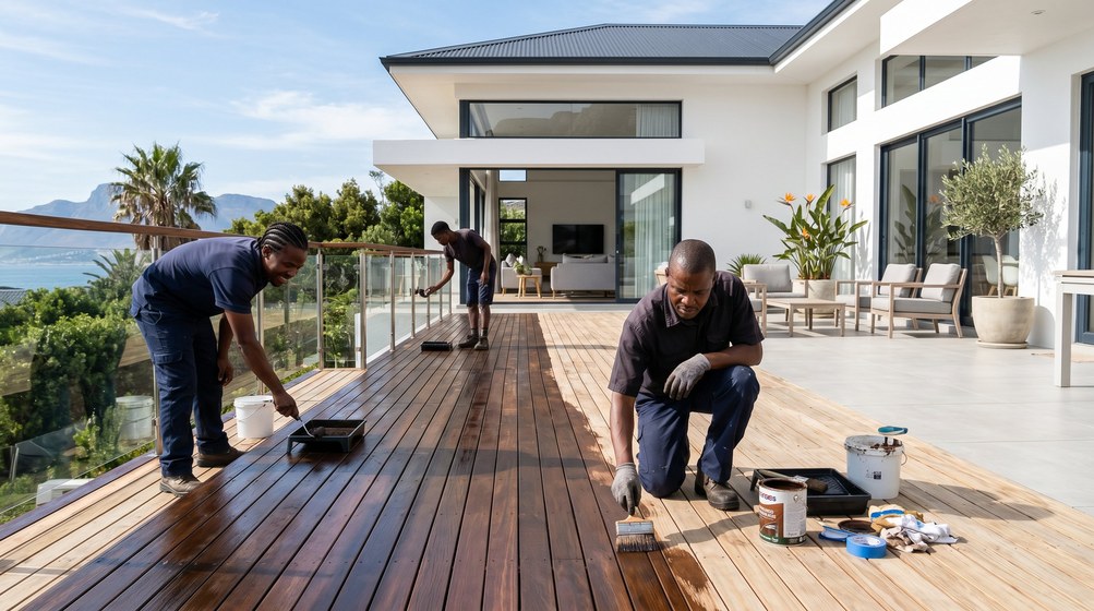 Professional wood staining team applying deck stain overlooking the ocean in Franschhoek